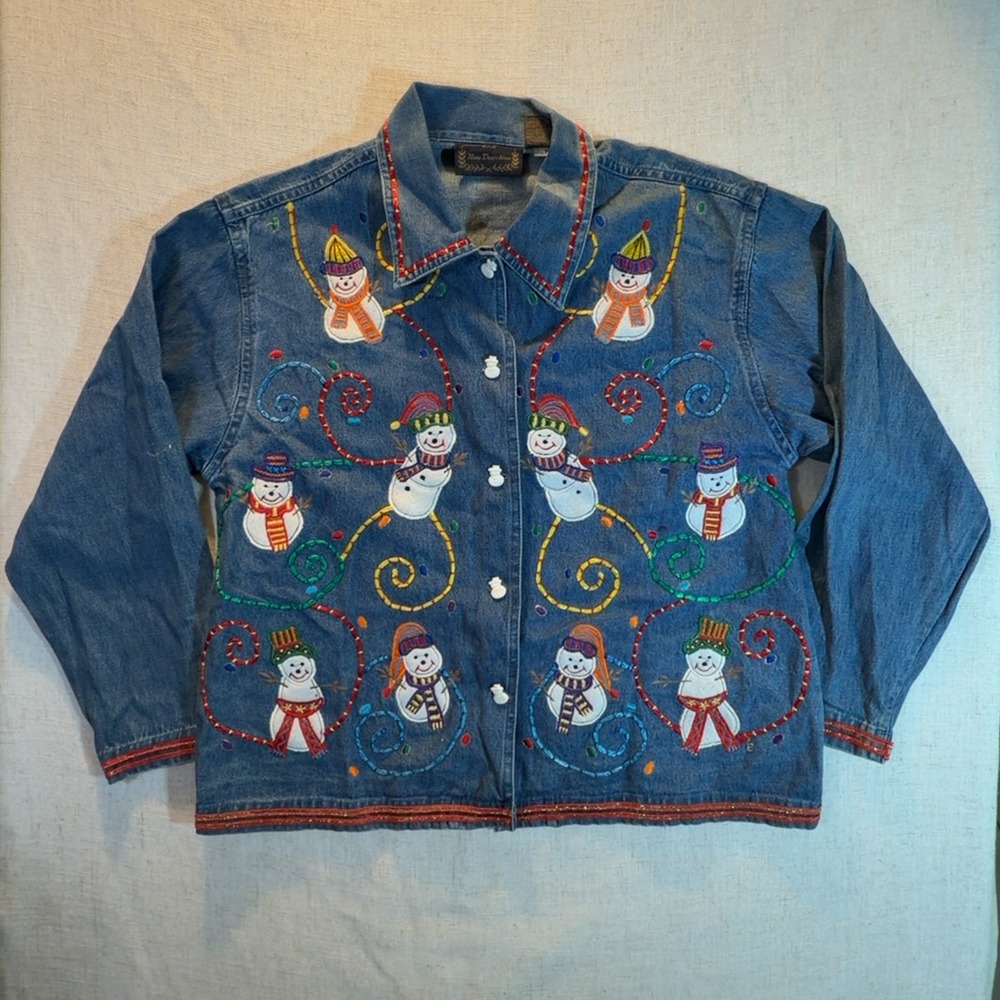 New Direction Denim Jacket Blue Snowman Embroidered Women's Size Medium